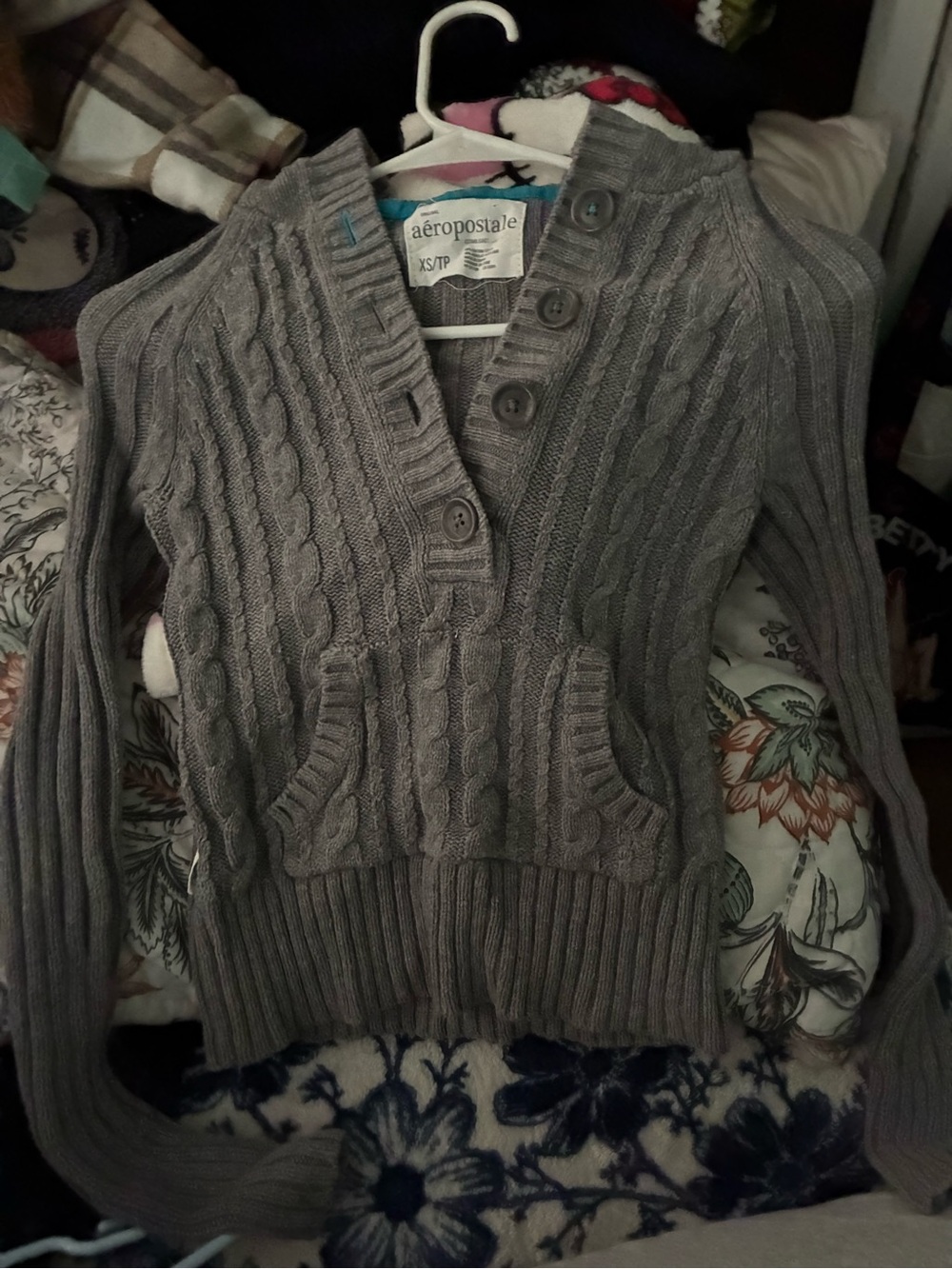 Aeropostale Gray Cable-Knit Button Shawl Collar Cardigan